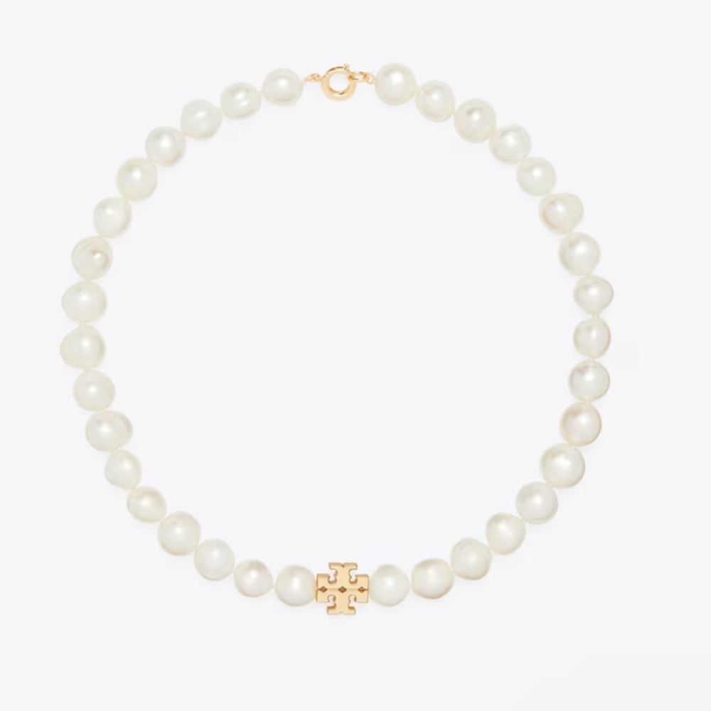 Tory Burch White Pearl Necklace with Gold Logo Charm
